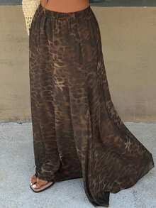 Dazy Plus Falda larga recta de gasa con estampado de leopardo, cintura elástica, estilo versátil para playa, vacaciones y formal, falda marrón para mujer talla grande, casual bohemio de otoño - Marrón - Ver 1