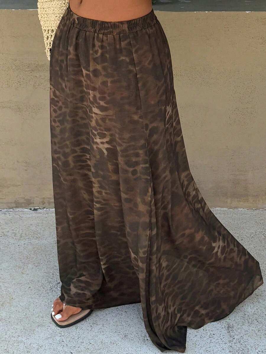 Dazy Plus Falda larga recta de gasa con estampado de leopardo, cintura elástica, estilo versátil para playa, vacaciones y formal, falda marrón para mujer talla grande, casual bohemio de otoño - Marrón - Ver 1