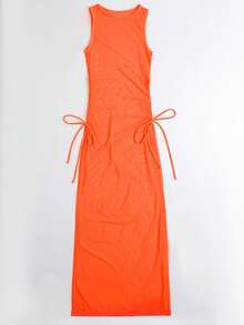 SHEIN Swim Drawstring Side Split Thigh Mesh Cover Up Dress,Summer Beach - Orange - View 5
