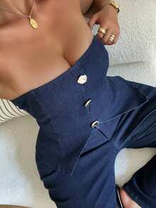Dazy Plus Conjunto de denim de talla grande con chaleco elástico de ajuste ceñido y decoración de botón grande, de ajuste ceñido y acampanado para la primavera/verano - Azul lavado oscuro - Ver 5