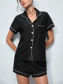 Softvol 2pcs Women Summer Sleepwear Set - Short Sleeve Top & Shorts, Casual Loose Comfy Basic Home & Casual Wear - Black - View 6