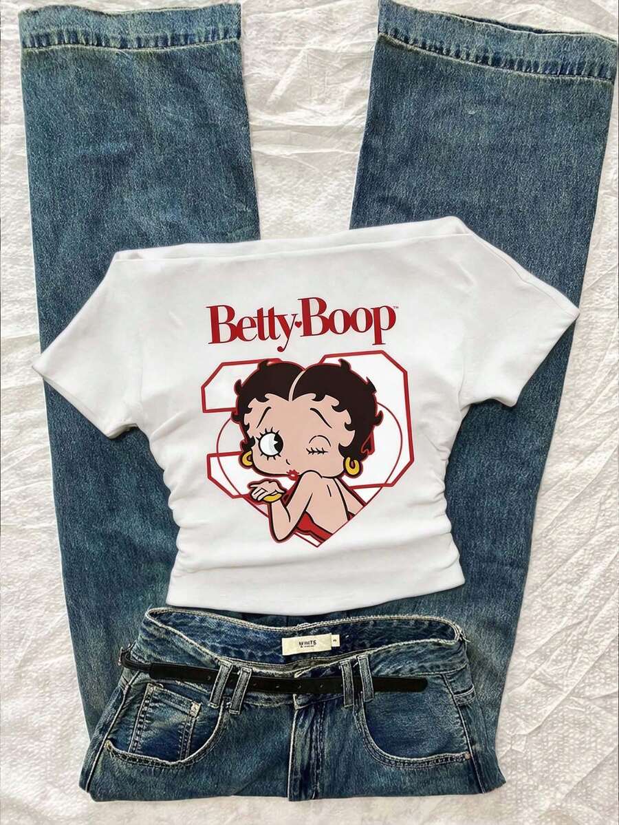 Attitoon Betty Boop x SHEIN 女款休閒抓皺腰方領 Betty 聯名修身短袖 T 恤,適合夏季,時尚 Y2K 風格 - 白色 - 查看 1