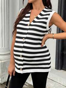 SHEIN Maternity Colorblock Striped Sleeveless Button Knit Vest,Autumn Outfit For Women - Black and White - View 5