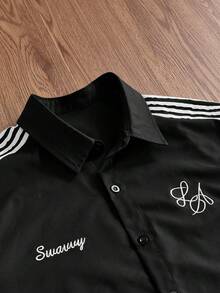 SWAVVY Men's Letter Print Single-Breasted Casual Versatile Daily Commute Shirt - Black - View 3