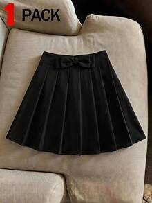 SHEIN Tween女孩 春夏返校季 梭織黑色蝴蝶結休閒百褶裙 - 黑色 - 查看 4