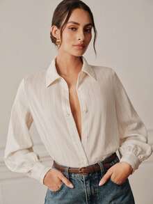 Anewsta Essential 女款新款高端法式優雅落肩燈籠袖時尚休閒百搭亞麻襯衫 - 米色 - 查看 3