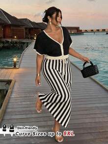 SHEIN CURVE+ Plus Size Colorblock Striped Patchwork Knit Dress Zoey 2 Pieces Set Zanea, Winter 2026 22W - Black and White - View 1