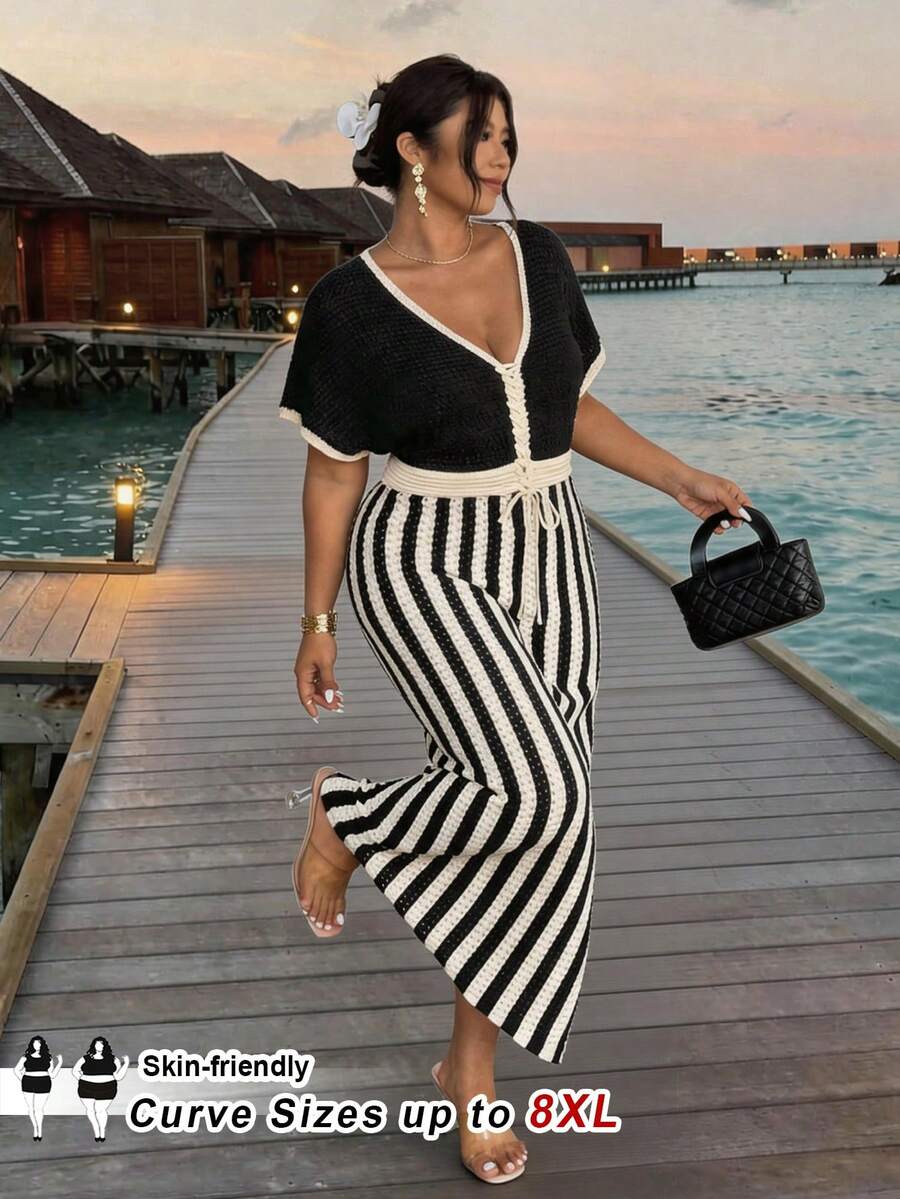 SHEIN CURVE+ Plus Size Colorblock Striped Patchwork Knit Dress Zoey 2 Pieces Set Zanea, Winter 2026 22W - Black and White - View 1
