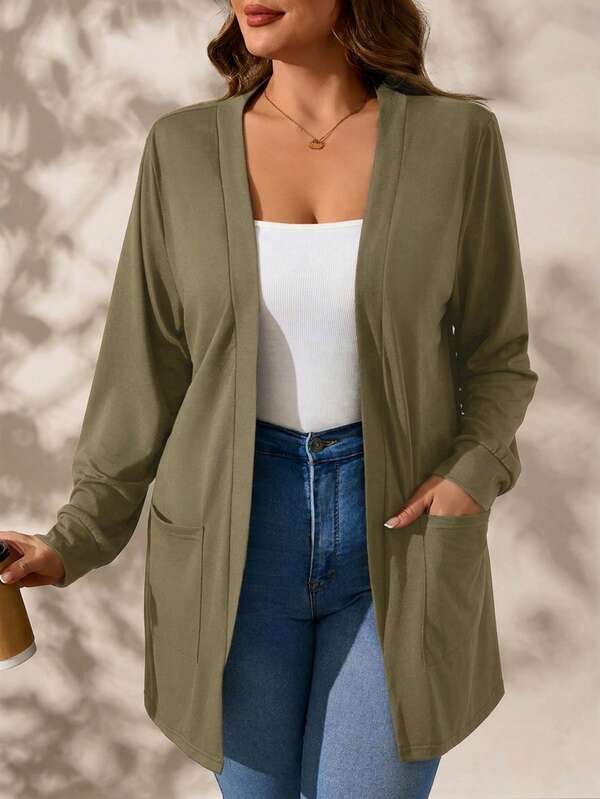 Chikora Plus Size Olive Green Knit Pocket Loose Fit Cardigan With Pockets, Business Casual Elegant Woman Office Formal Autumn Fall