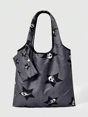 Grunge Punk Bolso de hombro plegable gótico oscuro, bolsa de compras de gran capacidad con estampado de ojo de mueca