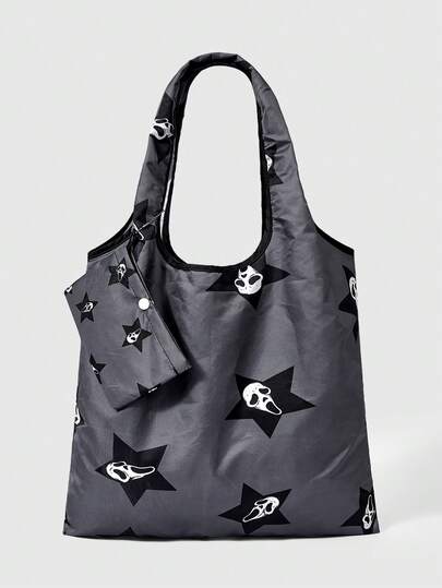 Grunge Punk Borsa a spalla pieghevole gotica scura, borsa della spesa di grande capacità con stampa occhio grimace