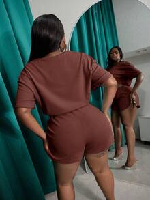 Slaydiva Slayr Plus Casual Solid Color Fitted Drawstring Split Hem Women's Plus Size Two Pieces Set, Outfits, Set, Summer, Two Pieces - Brown - View 2