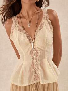 Easelle Vintage Elegant Bohemian V-Neck Lace Patchwork Women's Blouse Vacation White Summer - Multicolor - View 4
