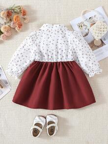 SHEIN Playful Pals 酒紅色碎花 2 合 1 女嬰洋裝，秋季新款甜美公主風洋裝，翻領、泡泡袖、蝴蝶結設計，時尚女嬰洋裝 - 酒紅色 - 查看 3