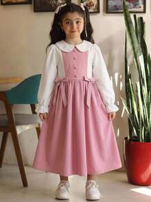 Tween Girl Back To School Outfit, Fitted Pink & White Patchwork Long Sleeve Dress With 3D Bow Decor, Turn-Down Collar, Open Front, Vintage Preppy Style, Exquisite Pink & White Plaid With Large 3D Bow, Casual School Shirt Dress For Tween Girl - Pink - View 5