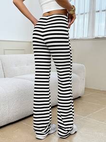 SHEIN Tall Women's Casual Extra Long Knitted Striped Pants With Drawstring In Black And White - Black and White - View 2