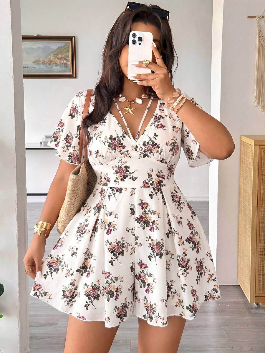 Vionelle Plus Size Floral Print Spring Summer Casual Versatile Romper - White - View 1