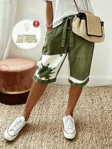 EMERY ROSE Women's Summer Casual Southern Denim Effect Print Shorts Vacation Olive Green - Army Green - View 1