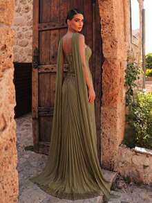 Glamrae Elegant Luxury Olive Green Beaded Lace Satin Patchwork Strapless Sheer Skirt Pleated Mermaid Fishtail High Slit Train Formal Evening Gown For Date - Olive Green - View 4