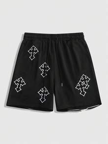 ROMWE MEN Street Life Men's Drawstring Waist Cross Pattern Casual Daily Shorts - Black - View 6