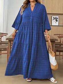 SHEIN CURVE+ Abito da donna taglie forti con stampa floreale, maniche a campana e orlo con volant, abito da spiaggia per vacanze, abiti estivi da donna, abito maxi verde e bianco, abito maxi floreale verde, abito maxi a balze, abiti autunnali da donna, abiti per la scuola, abiti country da donna, abiti da insegnante per donne, abiti country da donna, abiti autunnali da donna, outfit autunnali da donna, abiti da donna casual - Blu Navy - Visualizzare 4