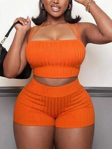 Slaydiva Women's Plus Size Two Pieces Set, Summer Orange Smart Casual Sexy Beach Vacation Rave Party Gym Strapless Tank Top High-Waisted Cycling Shorts, Sporty - Orange - View 2