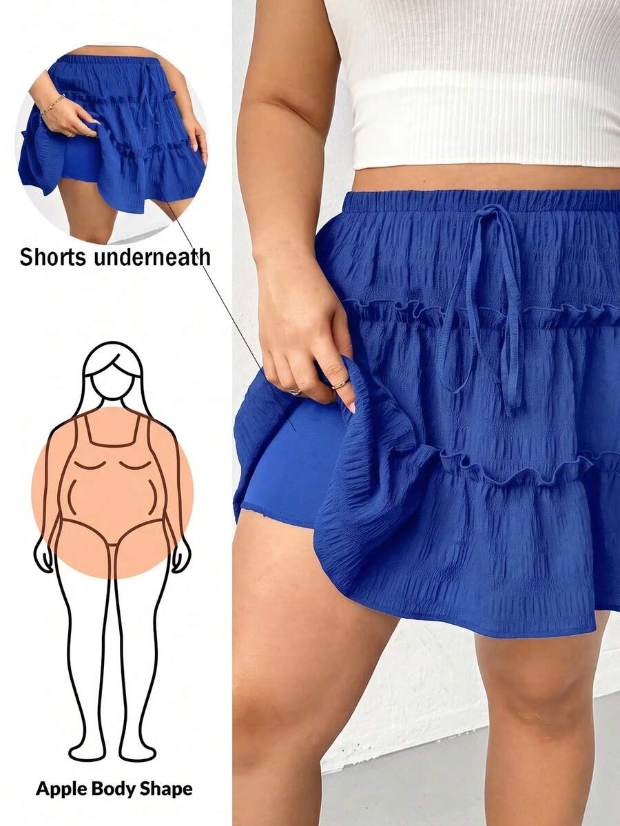 Shapeblank Plus Size Autumn Casual Cute Kawaii Boho Solid Color Ruffle Hem Skirt Vacation Royal Blue Vacation Vacation Brunch Vacation Dinner Fall - Royal Blue - View 1