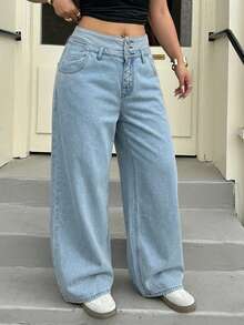 Dazy Plus Fashion Casual Colorblock Patchwork Waistband 3-Button Decor Loose Straight Leg Long Plus Size Women's Jeans All Seasons - Light Wash - View 5