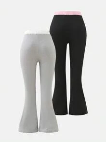 2pcs Solid Color Casual Basic Flare Leggings For Girls - Multicolor - View 2