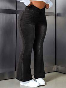 Flexra Plus Size Casual Everyday Date Night Dinner Washed V-Waist Flare Leg Jeans Black Summer - Light Grey - View 9