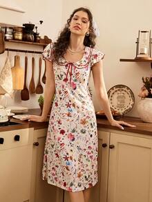 Floral Digital Print Round Neck Double-Layer Ruffle Trim Bow Tie Soft & Comfortable Rib Knit Fabric Cap Sleeve Mid-Length Dress, Pastoral Sweet Dress - Apricot - View 4