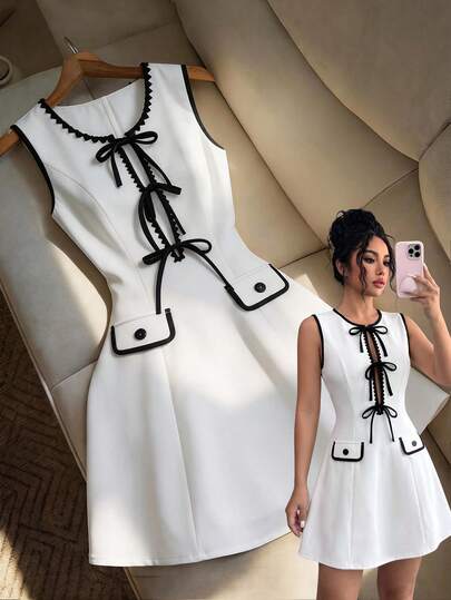 Elenzga Women's Floral Bud Trim Bow Decor Sleeveless Elegant Dress