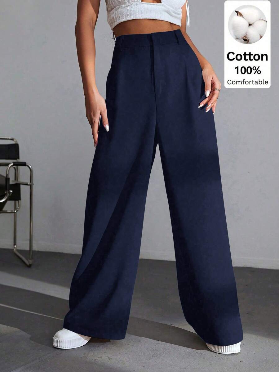SHEIN EZwear 休閒百搭 100% 純棉海軍藍高腰寬腿褲,適合校園穿著、派對、工作與音樂節穿著,教師節秋季款 - 藍色 - 查看 1