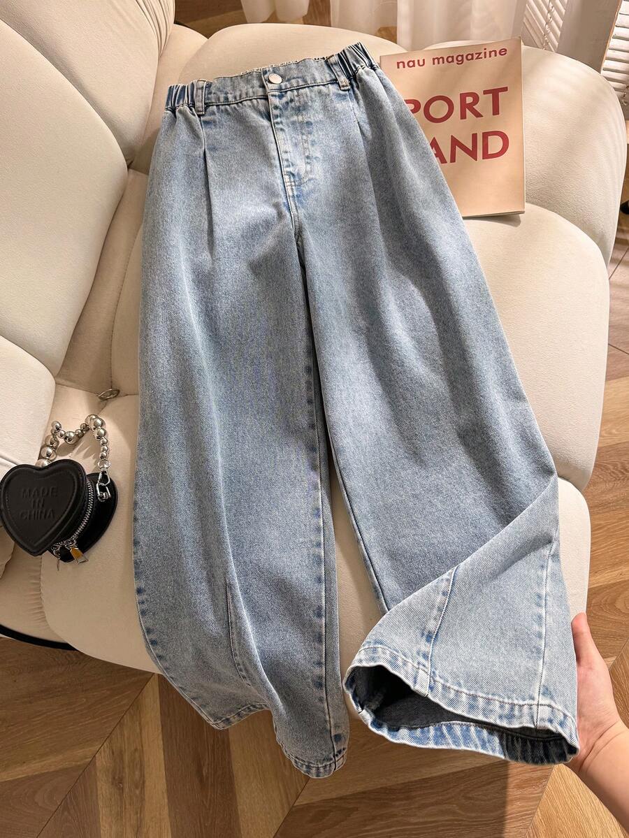SHEIN 女童夏季棉質水洗多功能時尚休閒舒適寬鬆設計鬆緊腰藍色水洗牛仔長褲 - 藍色 - 查看 1