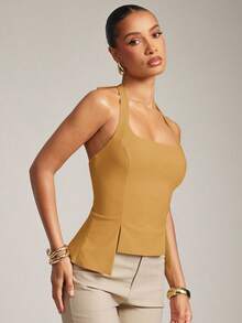 Hauture Top Casual de Escritório Ajustada com Decote Canoa Sexy e Amarração Ajustável nas Costas - Amarelo - Visão 5