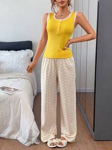 Napfluff Casual Lace Trim Tank Top & Long Pants Pajama Set - Yellow - View 4