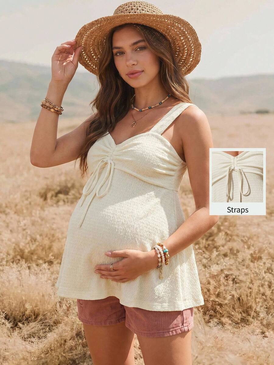 Boho Mama ملابس علوية تانك كاجوال للحوامل للعطلات بلون موحد مع ربطة أمامية وحمالات سميكة - لون مشمشي - مشاهدة 1
