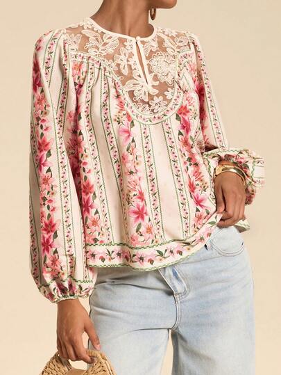 Travachic Women's Floral Print Lace Casual Versatile Everyday Blouse