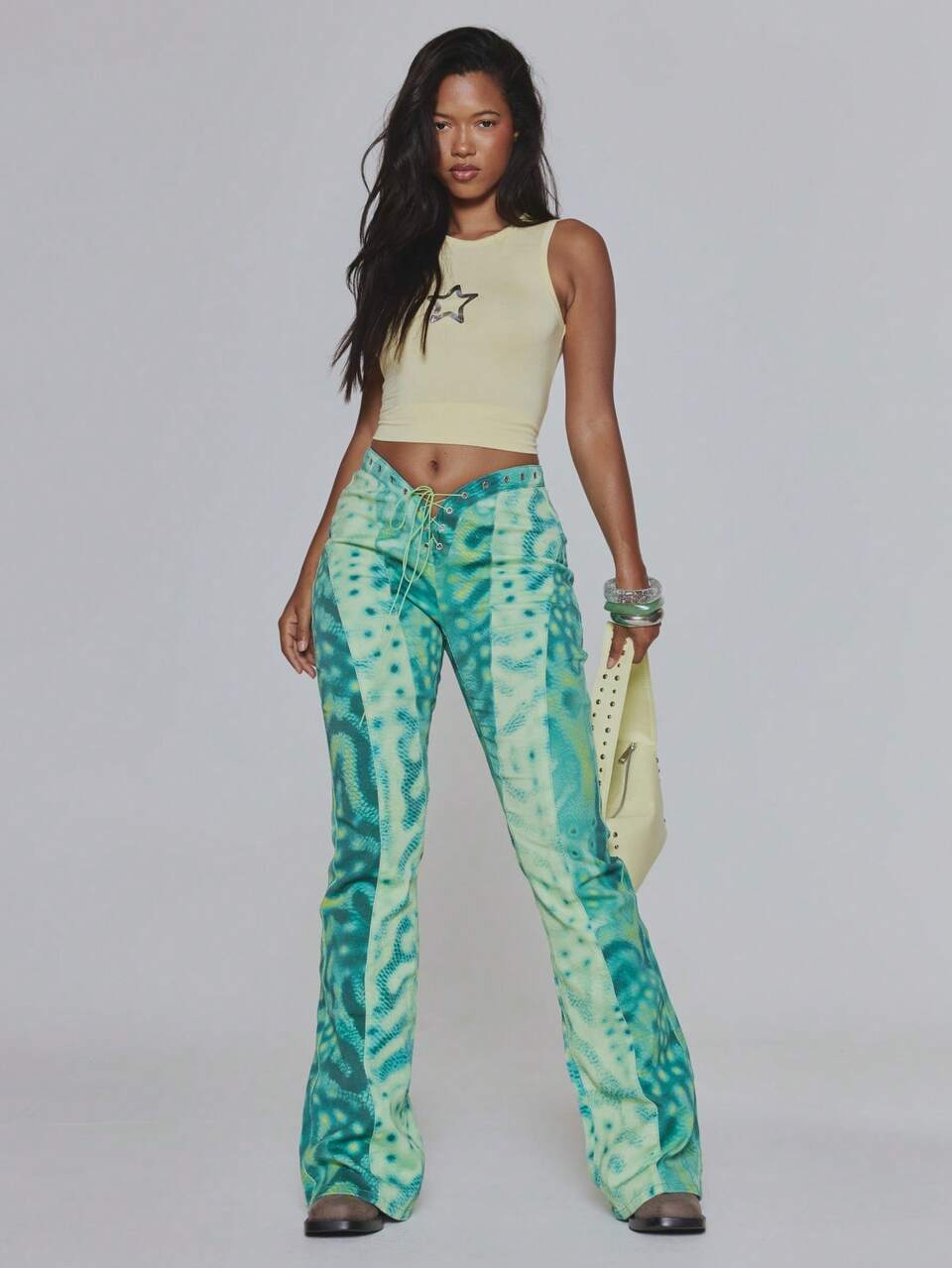Teal Green Mixed Print Denim Flared Lace Up Jeans Summer Cute Y2k 90s Inspired Sexy Vacation Holiday Night