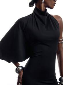 LYSMO 2026 New Arrive Minimalism Summer Fashion Solid Color Stand Collar Asymmetric Long Dress Casual Outfit For Women - Black - View 6