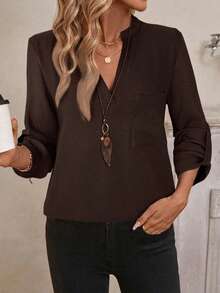 EMERY ROSE Camisa de trabajo para mujer con estampado integral, cuello con muesca y manga 3/4 para primavera/otoño - Café integral - Ver 3