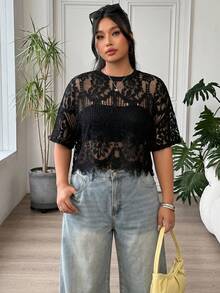 SHEIN EZwear 大尺碼女款蕾絲性感百搭上衣，適合約會與外出 - 黑色 - 查看 4