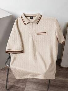 Manfinity Joysei Plus Size Men's Textured Striped Button-Placket Short Sleeve Polo Shirt, Suitable For Commuting And Everyday Wear - Khaki - View 1