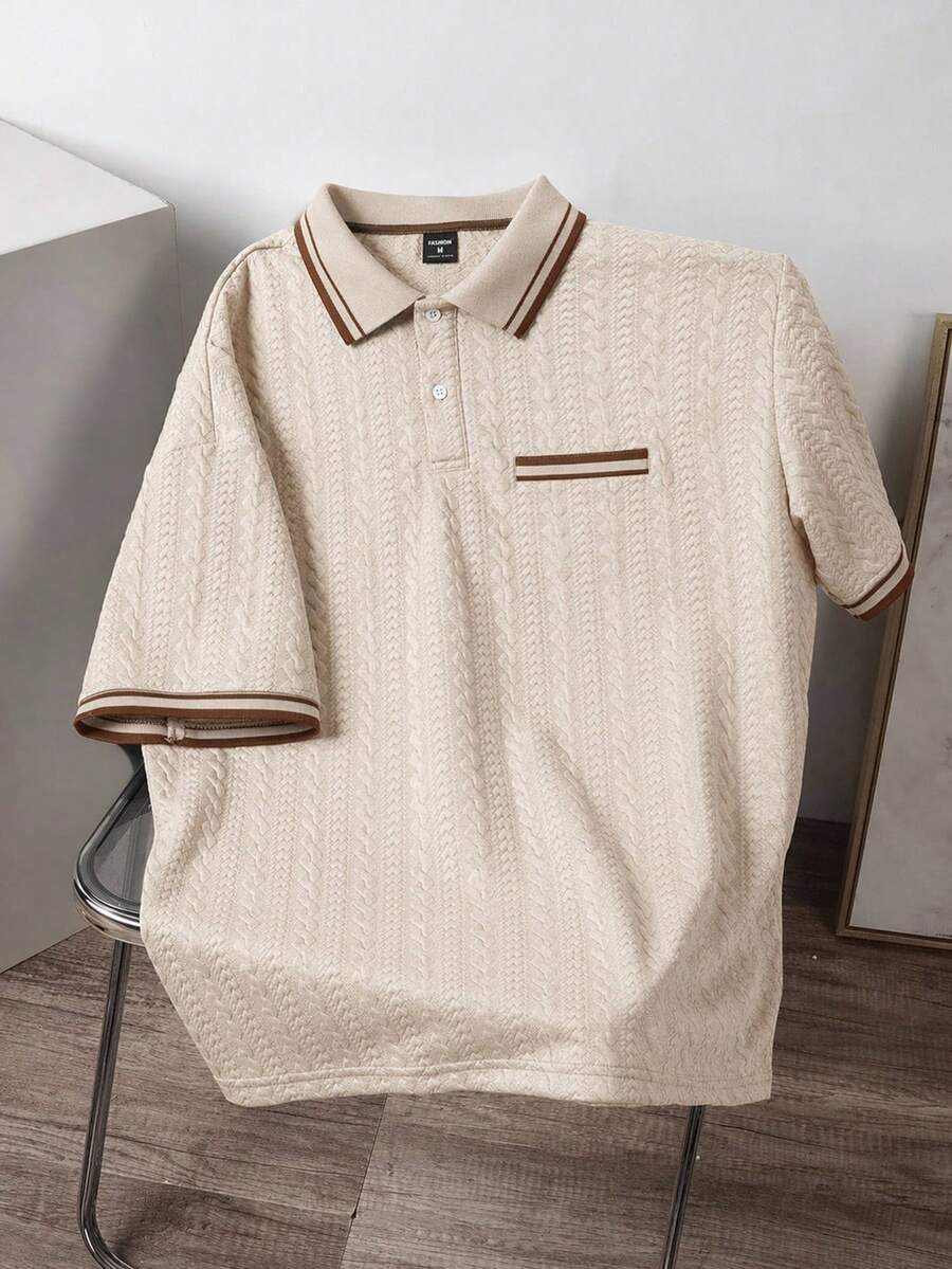 Manfinity Joysei Plus Size Men's Textured Striped Button-Placket Short Sleeve Polo Shirt, Suitable For Commuting And Everyday Wear - Khaki - View 1