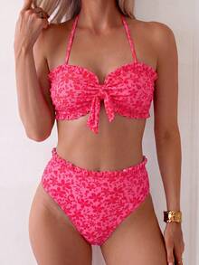 Swim Mod Conjunto de bikini con estampado floral pequeño para vacaciones casuales en la playa primavera/verano - Multicolor - Ver 4