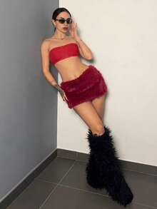EgrlEra 女士性感毛绒酒红色低腰迷你裙 - 酒紅色 - 查看 4