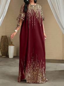 SHEIN Lady Plus Size White Short Sleeve Women's Vacation Robe, Loose Drape, Suitable For Vacation, Bridal Party, Beach, Tall Women's Slim Fit Long Dress - Burgundy - View 3