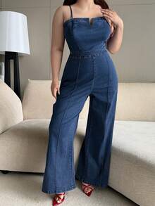 Dazy Plus Jumpsuit Denim Wanita Ukuran Besar Model Pas Badan dengan Tali Bahu Tipis, Warna Biru Tua Gaya Kasual Musim Semi/Panas - Dark Wash - View 2