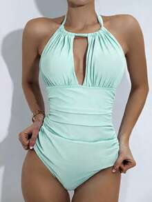 SHEIN Swim 女款夏季海灘素色抓皺性感掛脖式一件式泳衣 - 綠色 - 查看 1