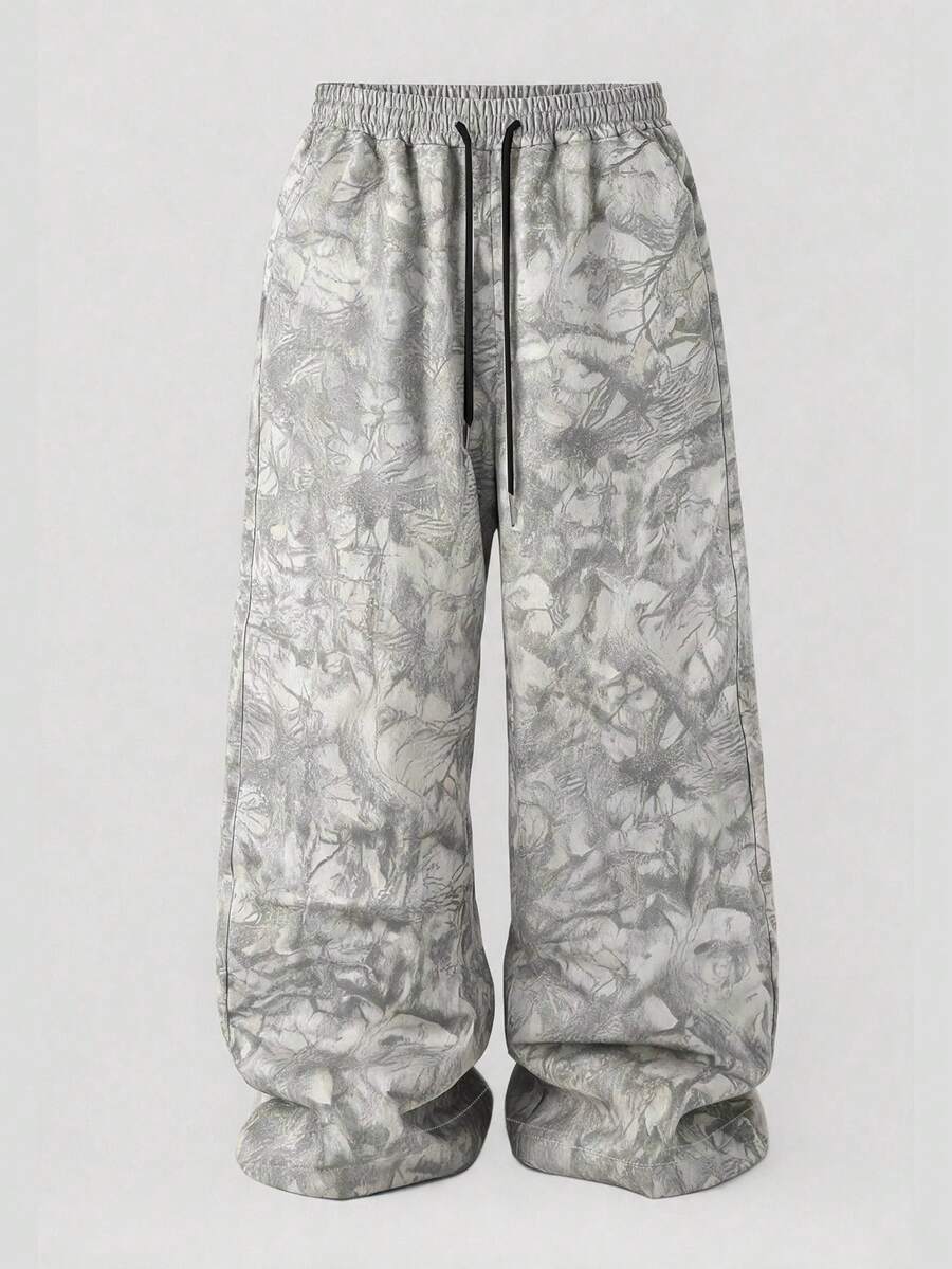ROMWE MEN Street Life Men's Leaf Pattern Print Pocket Drawstring Waist Casual Loose Long Pants - Grey - View 1